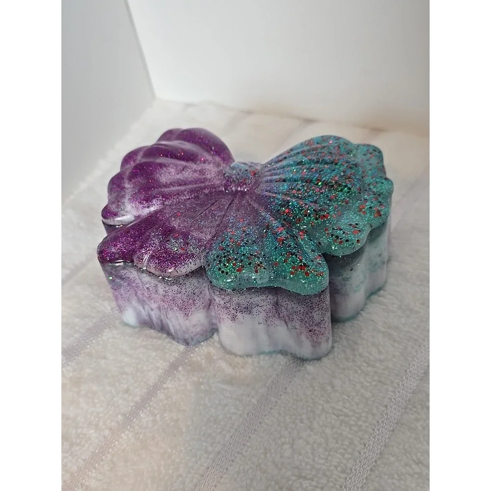 Handmade Resin Bow Shaped‎ Trinket Box With Lid Purple Green Glitter 769